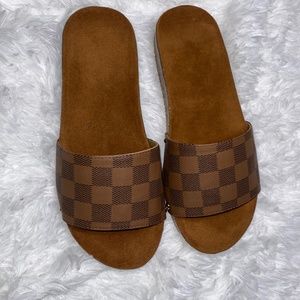 Brown Checkered slides with studs
